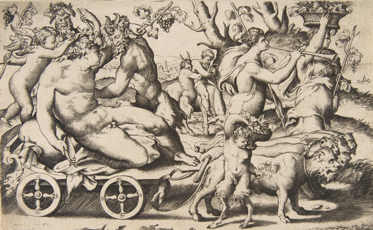 Triumf af Bacchus, der sidder på en vogn til venstre, 1531-76. af Giulio Bonasone