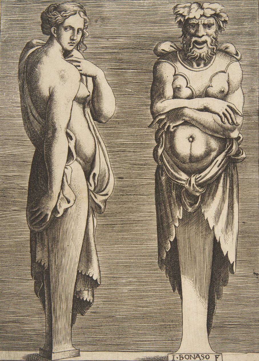 To led, en nymfe til venstre Silvanus til højre, ca. 1530-50. af Giulio Bonasone