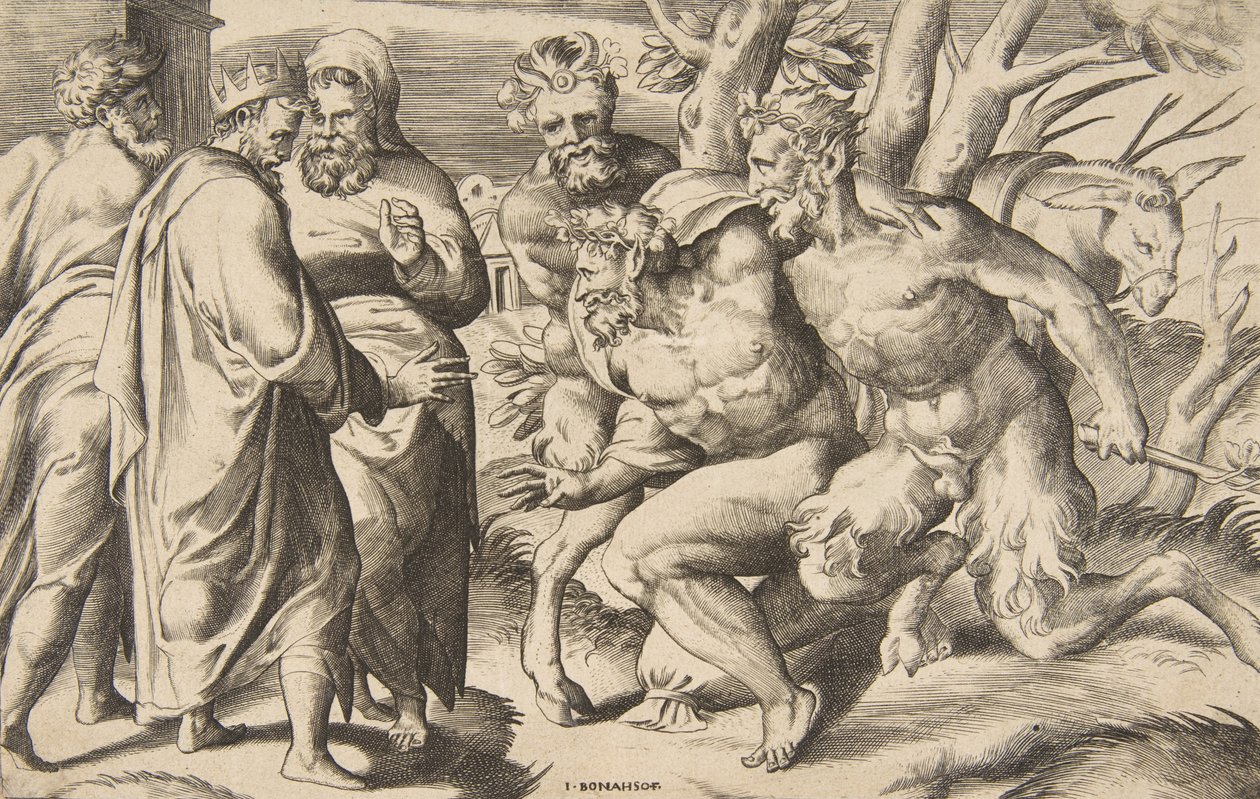 To satyrer, der bringer Silenus kong Midas stående til venstre, 1531-76. af Giulio Bonasone
