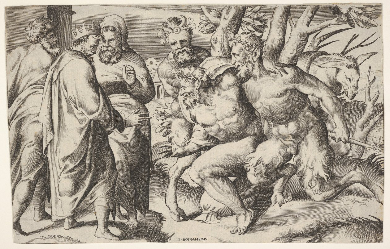 To satyrer fører Silenus til kong Midas, som står til venstre med to mandlige ledsagere..., ca. 1550-80. af Giulio Bonasone