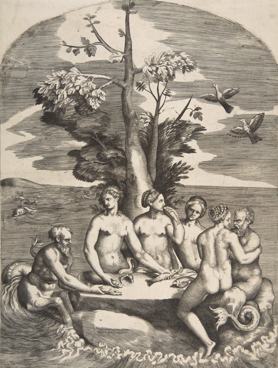 To havguder ledsaget af fire nymfer, 1531-76. af Giulio Bonasone