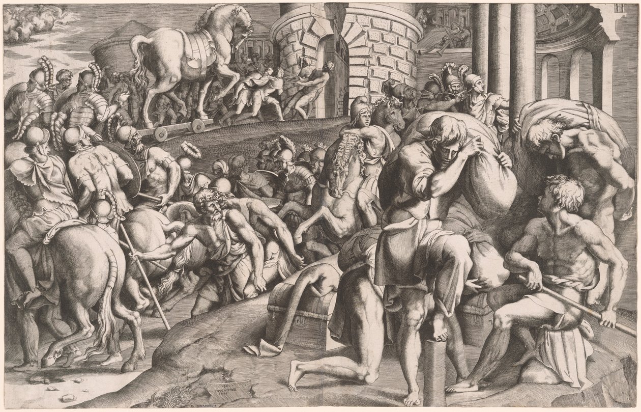 Trojanerne trækker træhesten ind i Troja af Giulio Bonasone, after Francesco Primaticcio