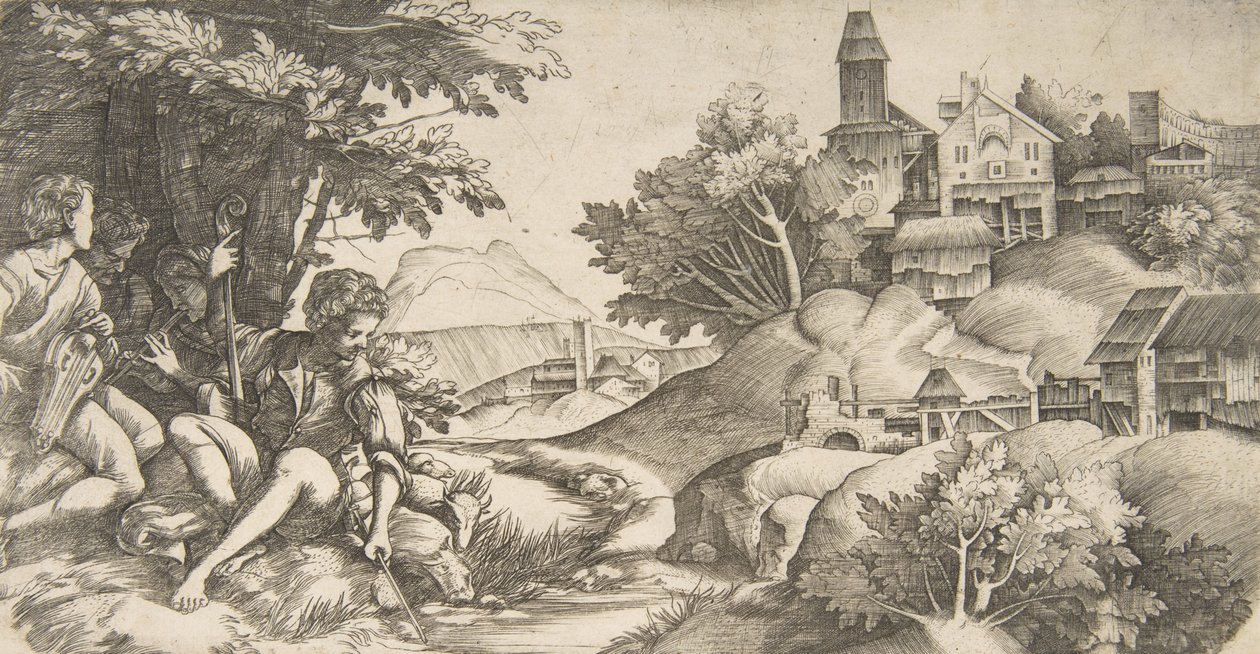 Til venstre fire hyrder med musikinstrumenter siddende under en gruppe træer..., ca. 1517 af Giulio Campagnola