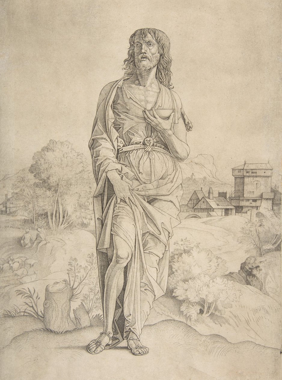 Sankt Johannes Døberen står i landskab, figurer og bygninger i baggrunden, ca. 1505-10. af Giulio Campagnola