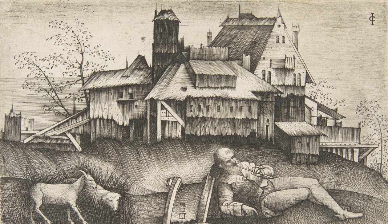 Den gamle hyrde liggende i et landskab, bygninger bagved, en ged og et får til th..., ca. 1500-1515. af Giulio Campagnola