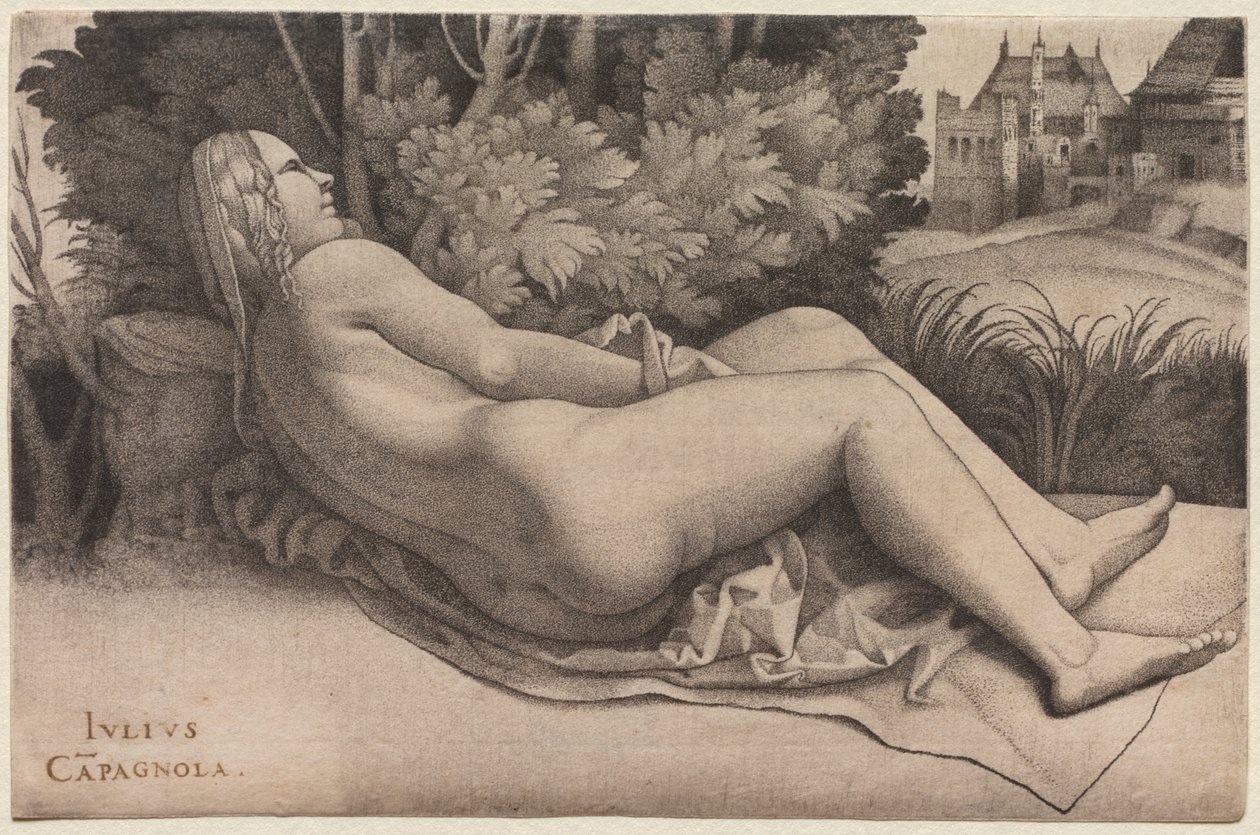 Venus tilbagelænet i et landskab af Giulio Campagnola