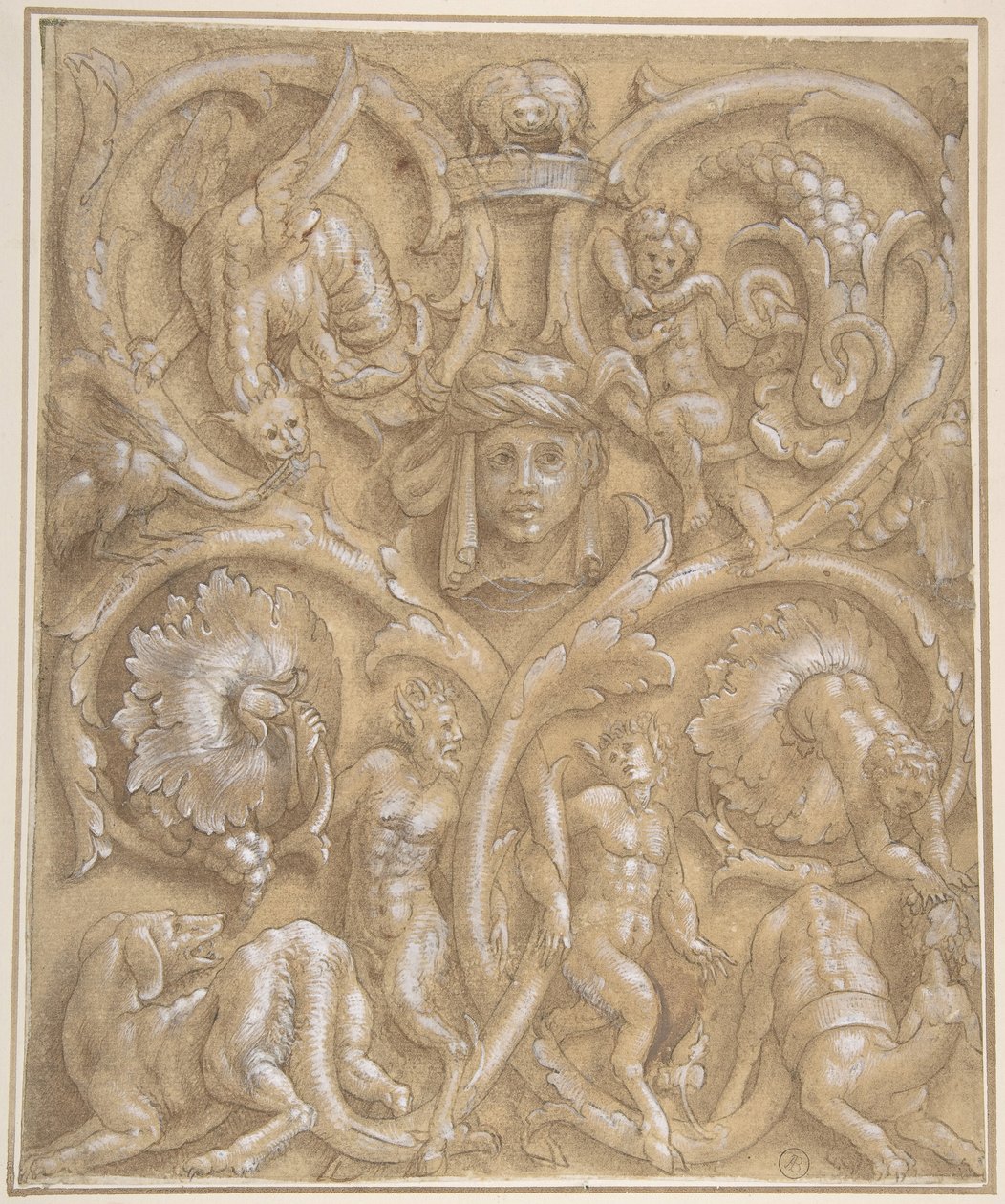 Design til et dekorativt panel med Rinceaux, Satyrs, Putti, monstre og et menneskehoved, 1535-45. af Giulio Campi.