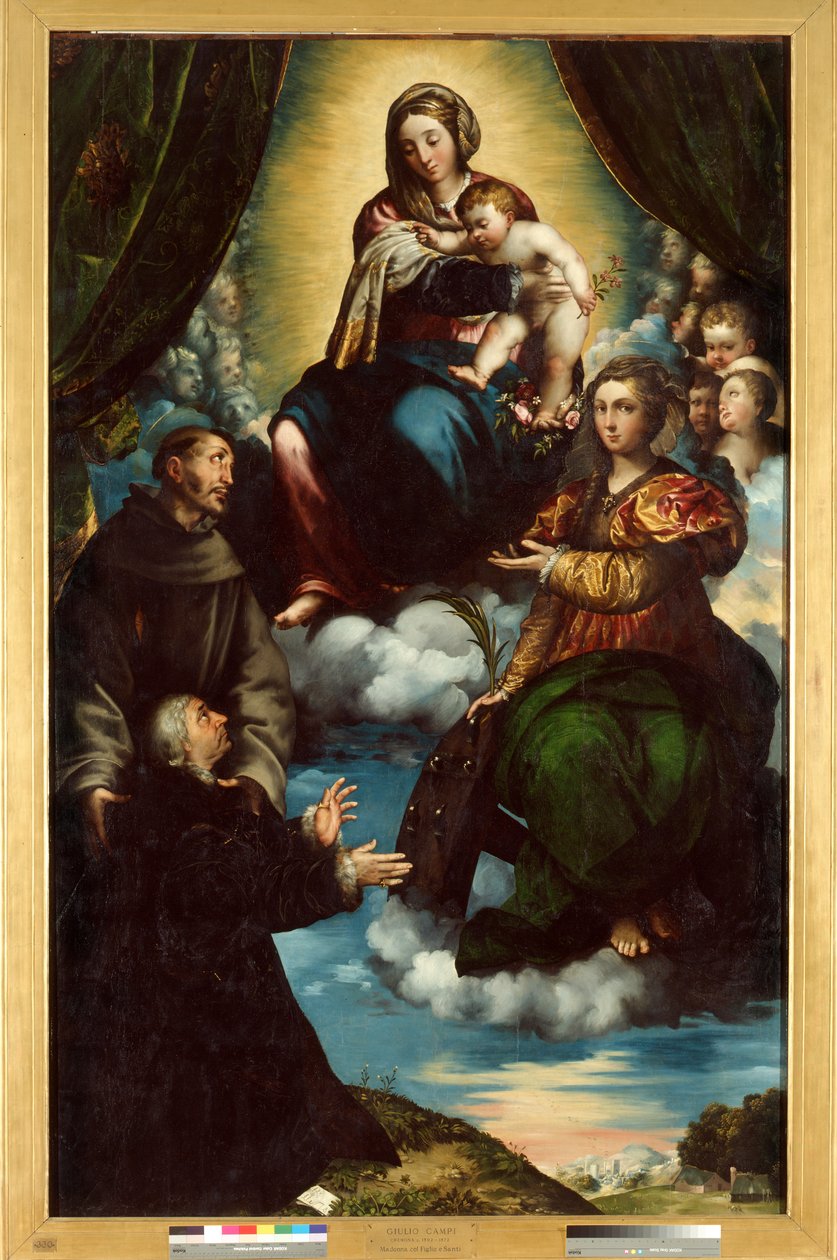 Madonnaen og barnet, Saint Catherine of Alesandria, Saint Francis og Pietro Martire Print af Giulio Campi