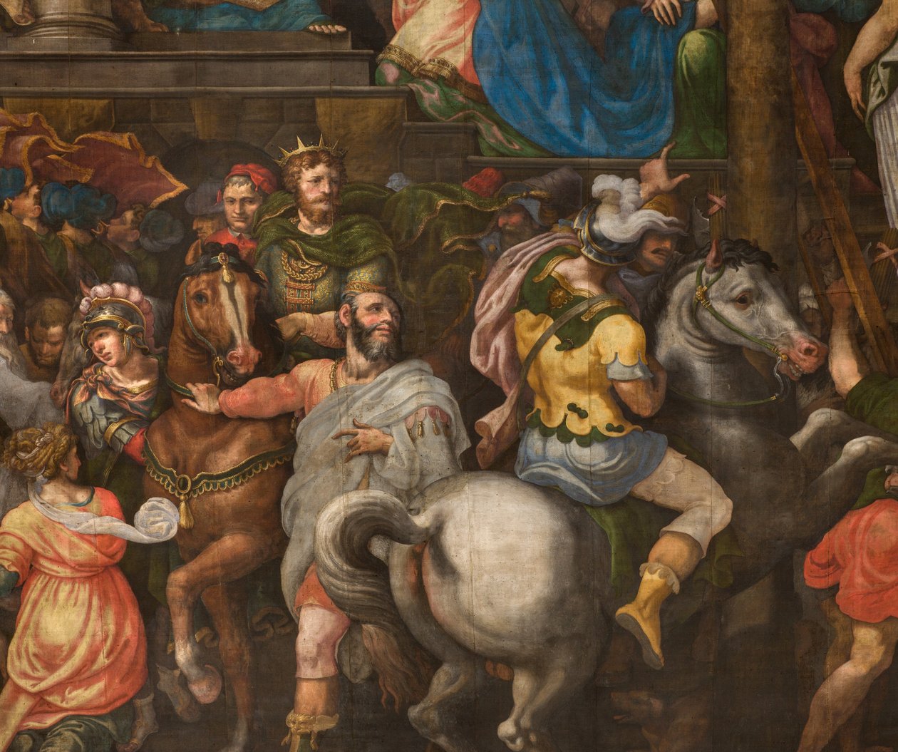 Væg over for modfacaden i det sydlige tværskib, Giuseppe Campi, Mordokajs triumf 1567, detalje nederste del af Giulio Campi