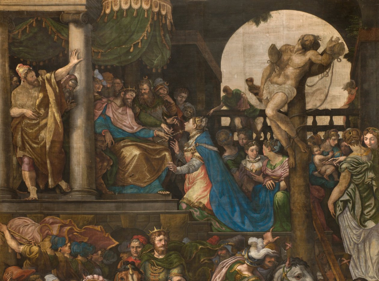 Mur modsat modfacaden af det sydlige tværskib, Giuseppe Campi, Triumph of Mordecai 1567, Detalje høj del af Giulio Campi