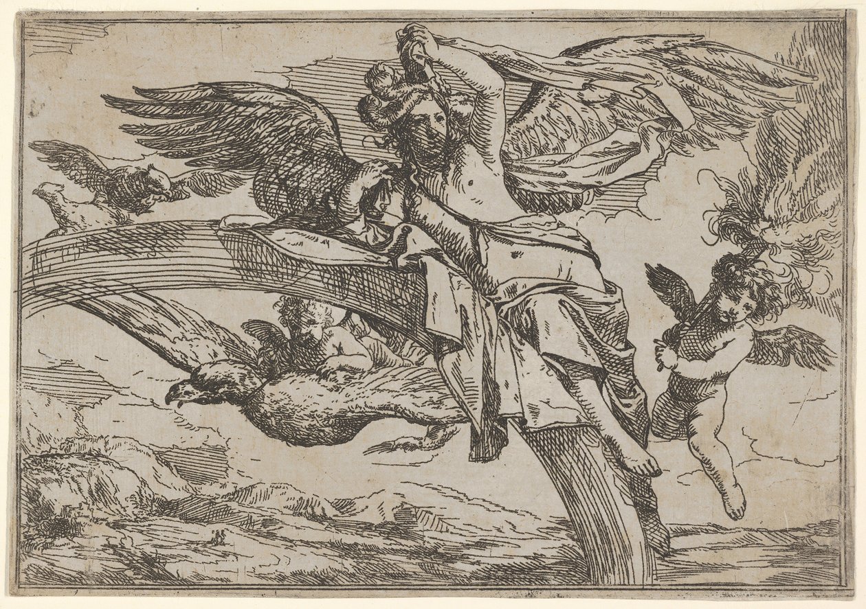 Luft, repræsenteret af Iris tilbagelænet på sin regnbue, ledsaget af en bevinget putto bearin..., 1640-60. af Giulio Carpioni