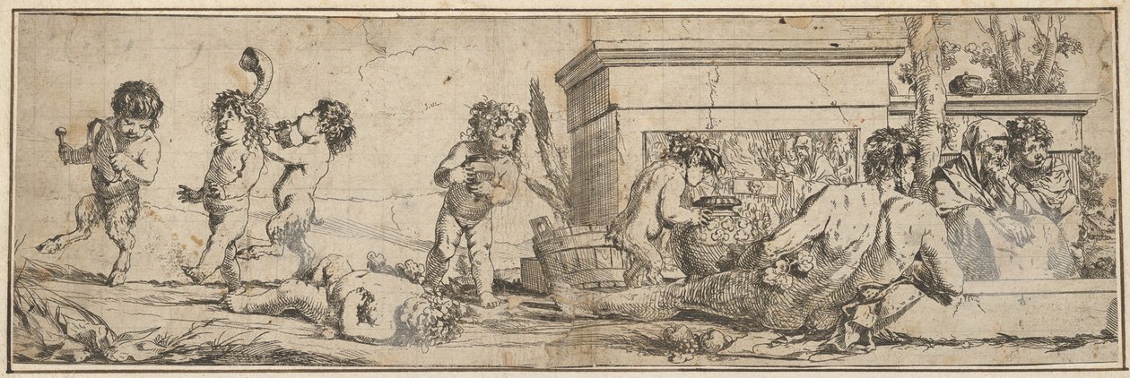 Bacchanal med spædbarnssatyrer og putti til venstre, en nøgen mandsskikkelse læner sig tilbage foran o..., 1633-78. af Giulio Carpioni