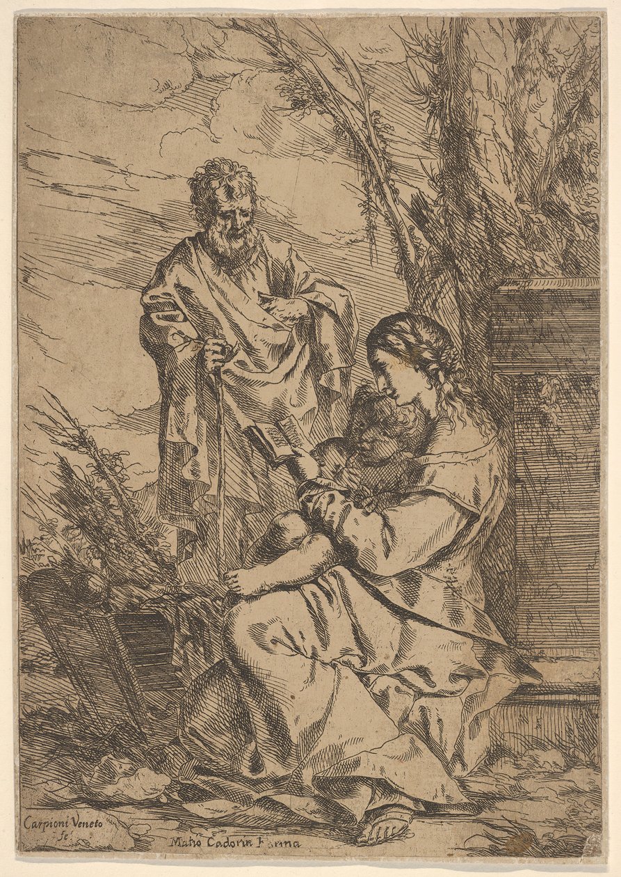 Hellig Familie med Jomfruen læser, Jomfruen sidder i profil med en bog i venstre side..., 1640-60. af Giulio Carpioni