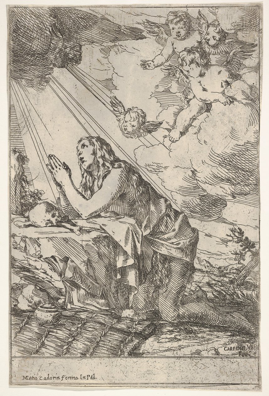 Den angrende Magdalen knæler på en stenet grund foran et kranium og knogler, en salve ..., ca. 1640-55. af Giulio Carpioni