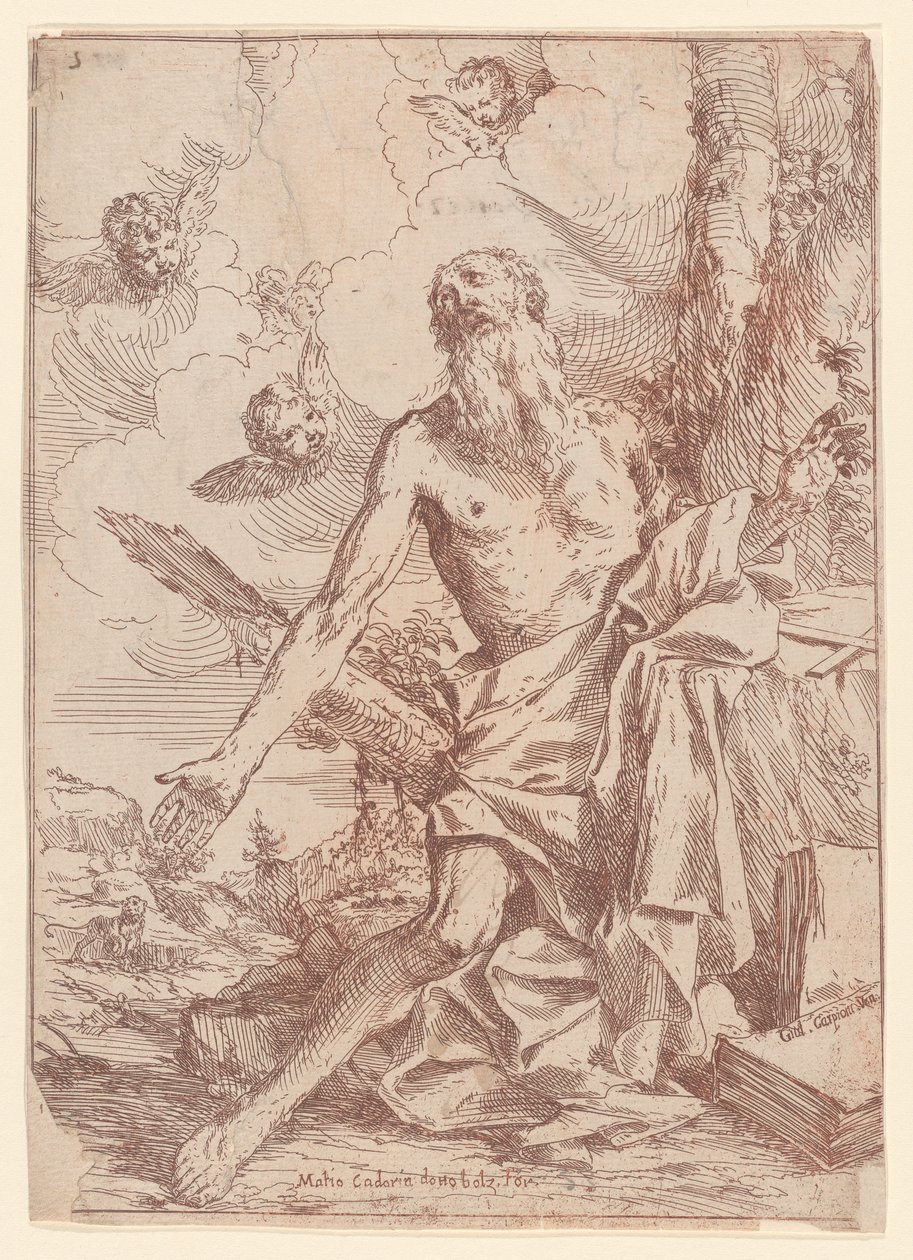 Sankt Jerome knæler ved siden af et træ med strakte arme, 1640-60. af Giulio Carpioni