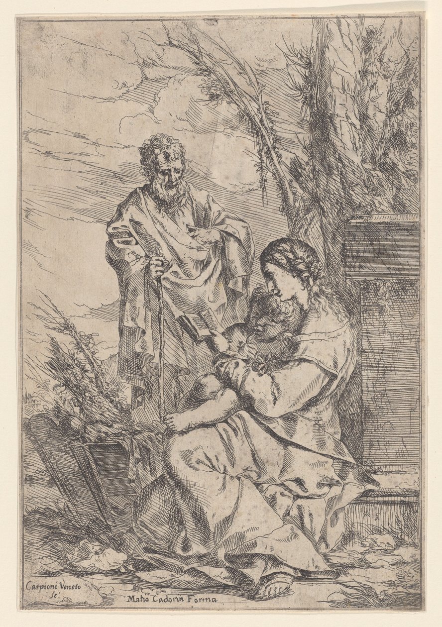 Den hellige familie med jomfruen læser en bog, 1640-60. af Giulio Carpioni