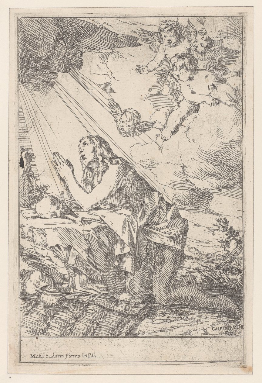 Den angrende Saint Mary Magdalene, knælende foran et kranium og knogler, 1640-60. af Giulio Carpioni
