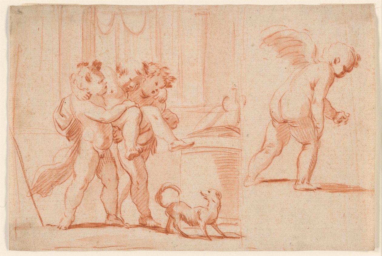 To Putti, der bærer en tredje Putto; Endnu en Putto bagfra af Giulio Carpioni