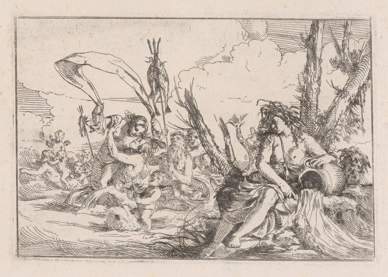 Vand, repræsenteret ved en naiad, der sidder ved bunden af et træ..., 1640-60. af Giulio Carpioni