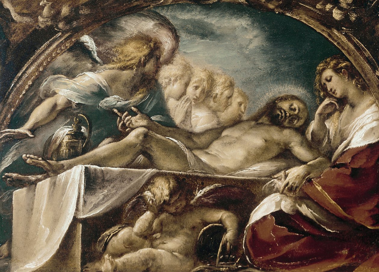 Den døde Kristus med engle. (olie på lærred af Giulio Cesare Procaccini