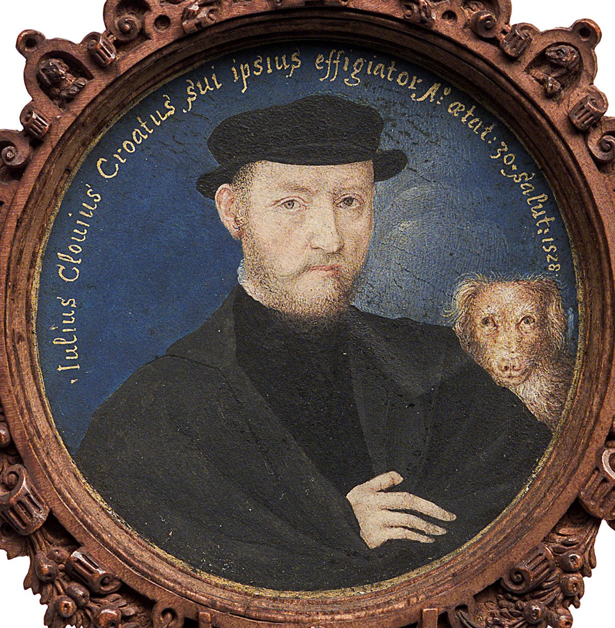 Selvportræt med hund, 1528 af Giulio Clovio