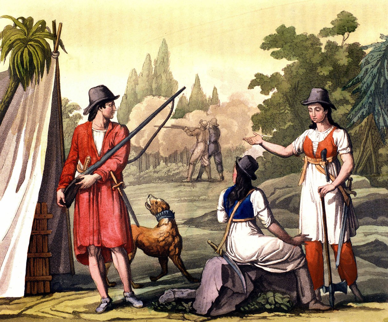 Buccaneers og kvinder flibustier: Piraten Jack Rackham siger, at Red eller John Rackham, bedre kendt som Calico Jack (? -1720) repræsenteret med Anne Bonny (Bonney) og Mary (Marc) Read i Vestindien. Tallerken taget fra ""Det gamle og moderne kostume"" af F af Giulio Ferrario