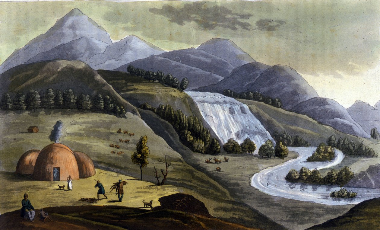 Landskab af Lapland (territorier tilhørende Norge, Sverige, Finland og Rusland), boliger for de indfødte (samer) i "" Den gamle og moderne dragt"" af Ferrario, red. Milano af Giulio Ferrario