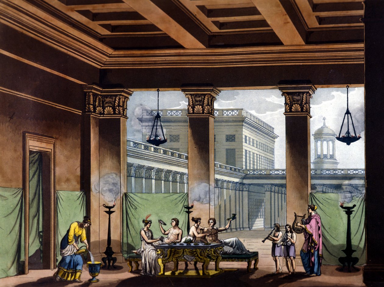 Triclinium tændte olielamper i det antikke Grækenland: banketscene - i Det gamle og moderne kostume af Jules Ferrario, red. Milano af Giulio Ferrario