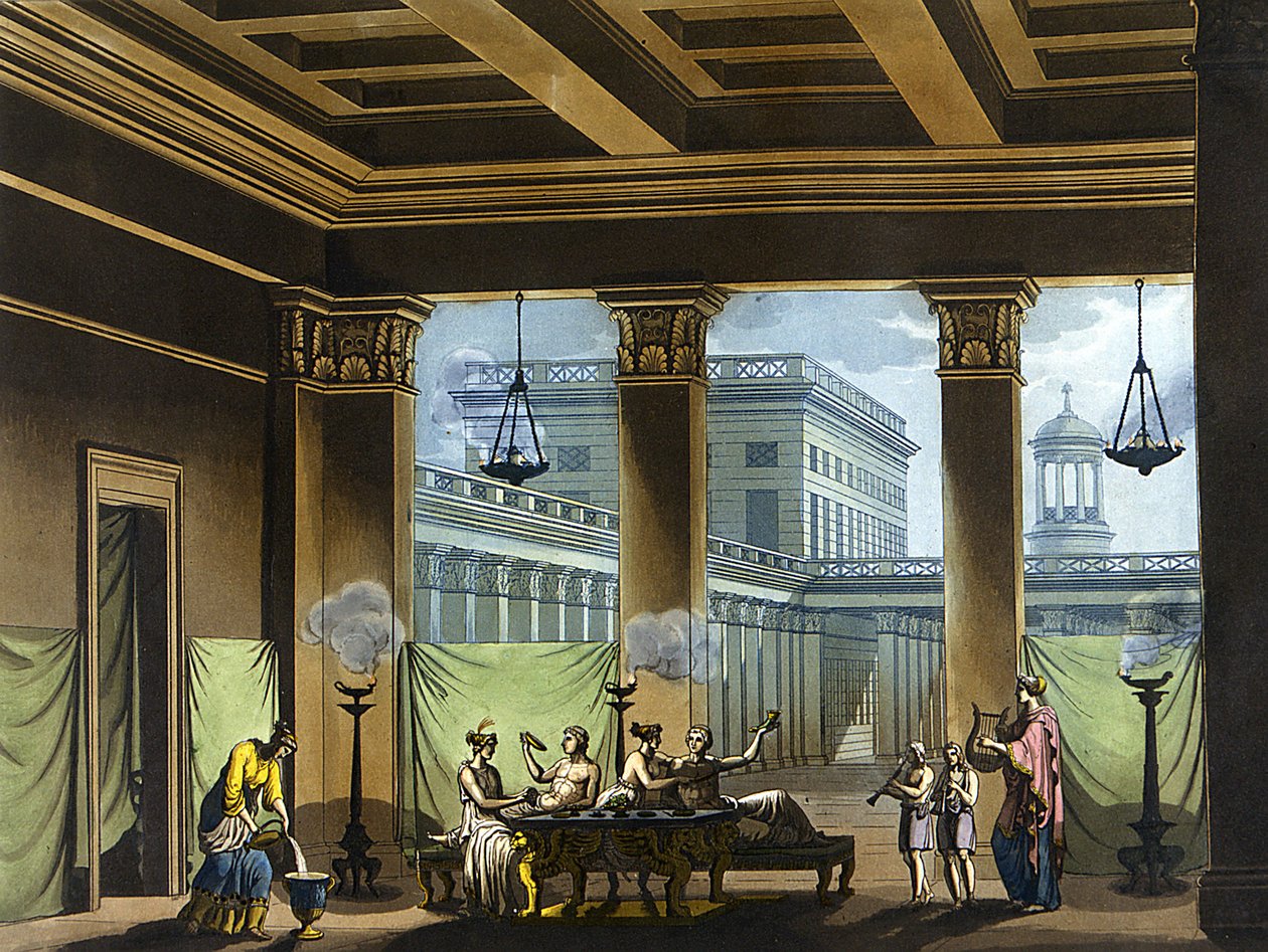 Triclinium oplyst med olielamper i det antikke Grækenland: banketscene - i "" Det gamle og moderne kostume""" af Jules Ferrario, red. Milano af Giulio Ferrario