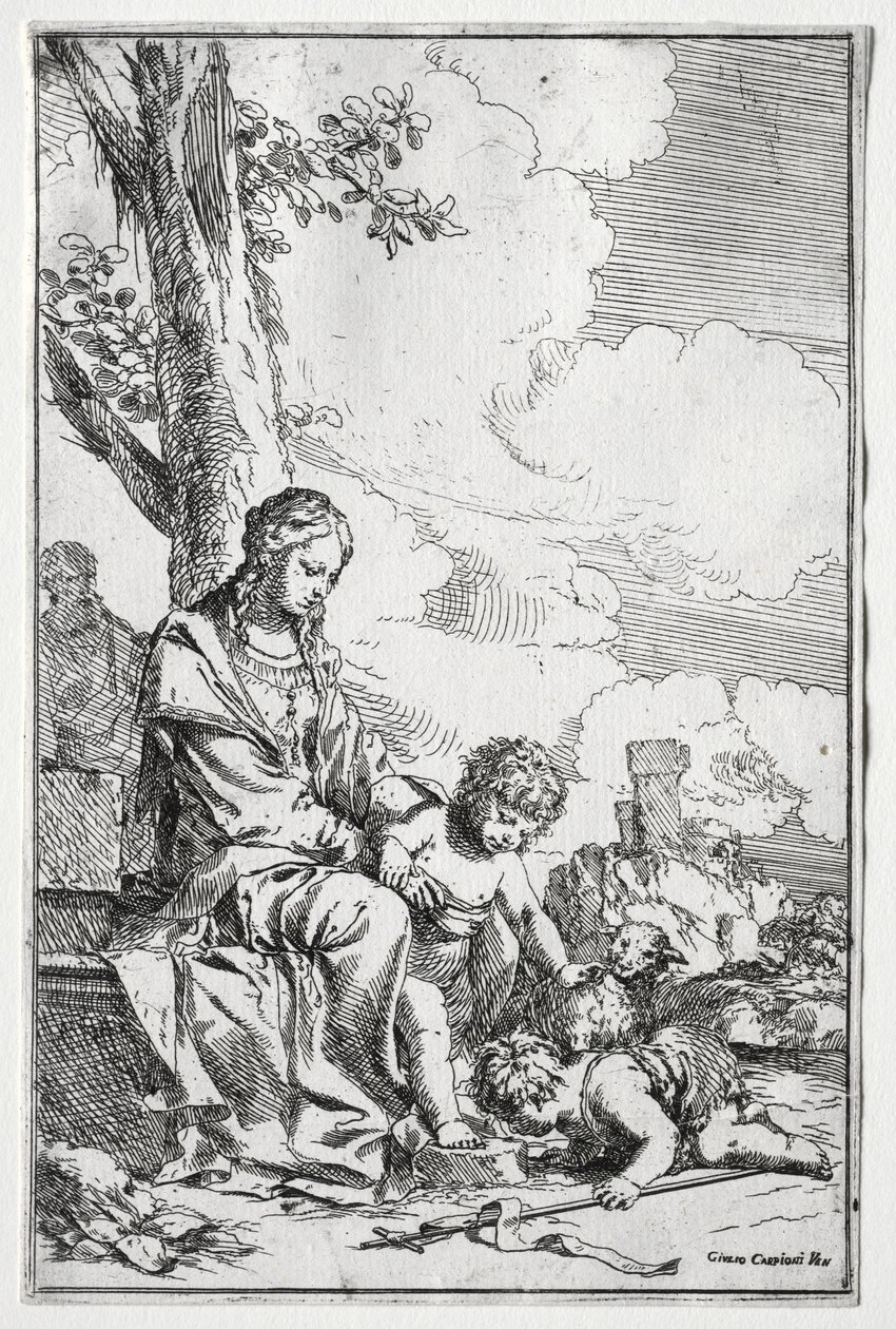 Hellig Familie med spædbarnet St. John. af Giulio I Carpioni