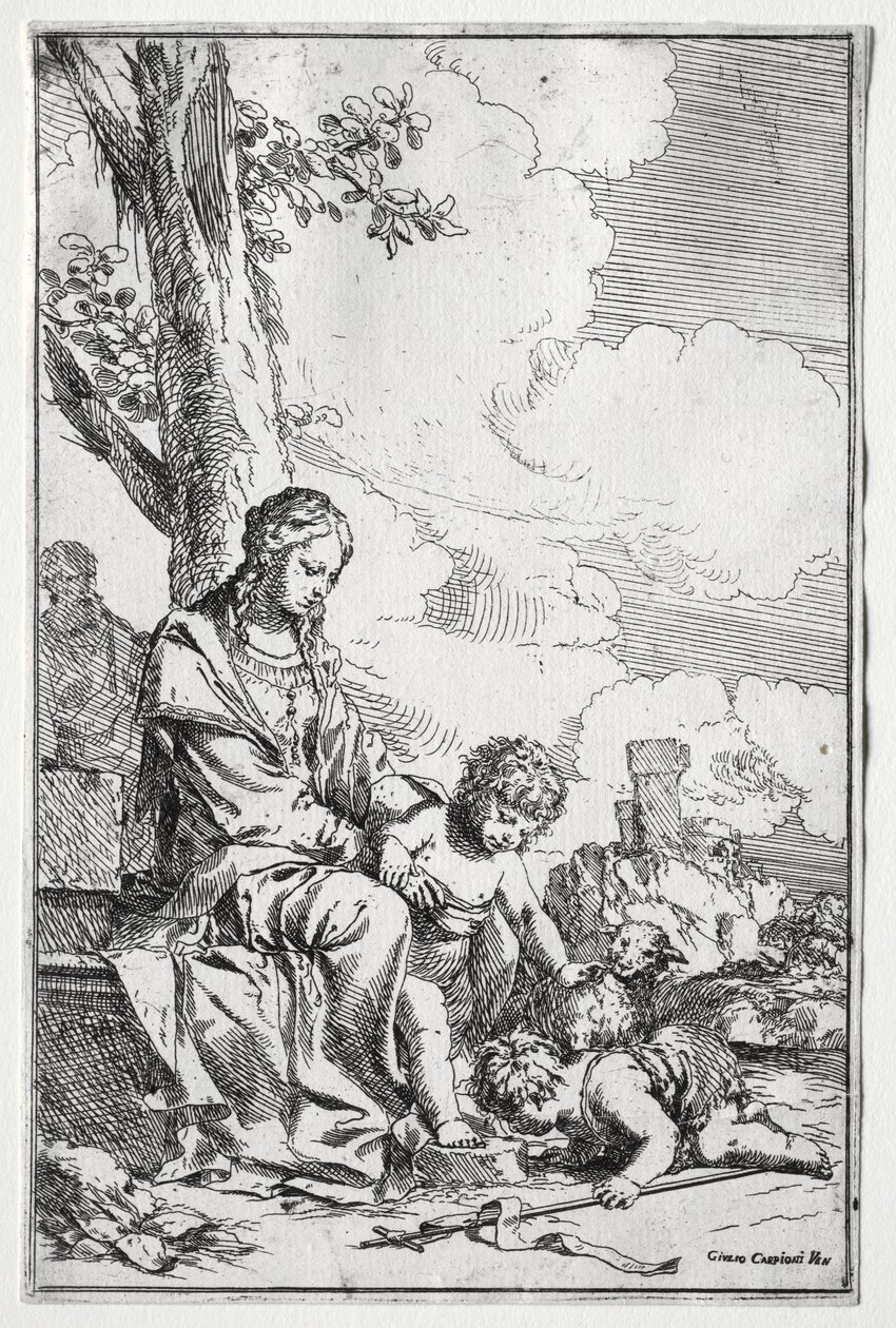 Hellig Familie med spædbarnet St. John af Giulio I Carpioni