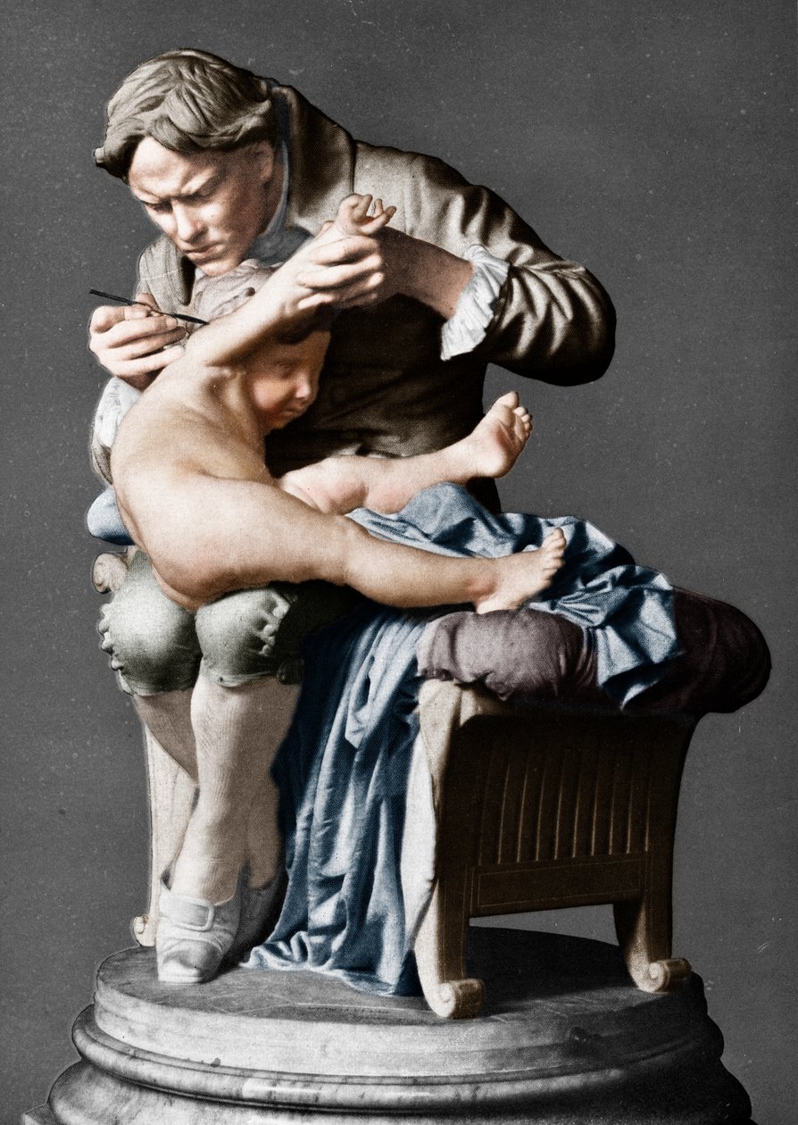 Edward Jenner, engelsk læge, vaccinerer sin søn, c1796 c1900. af Giulio Monteverde