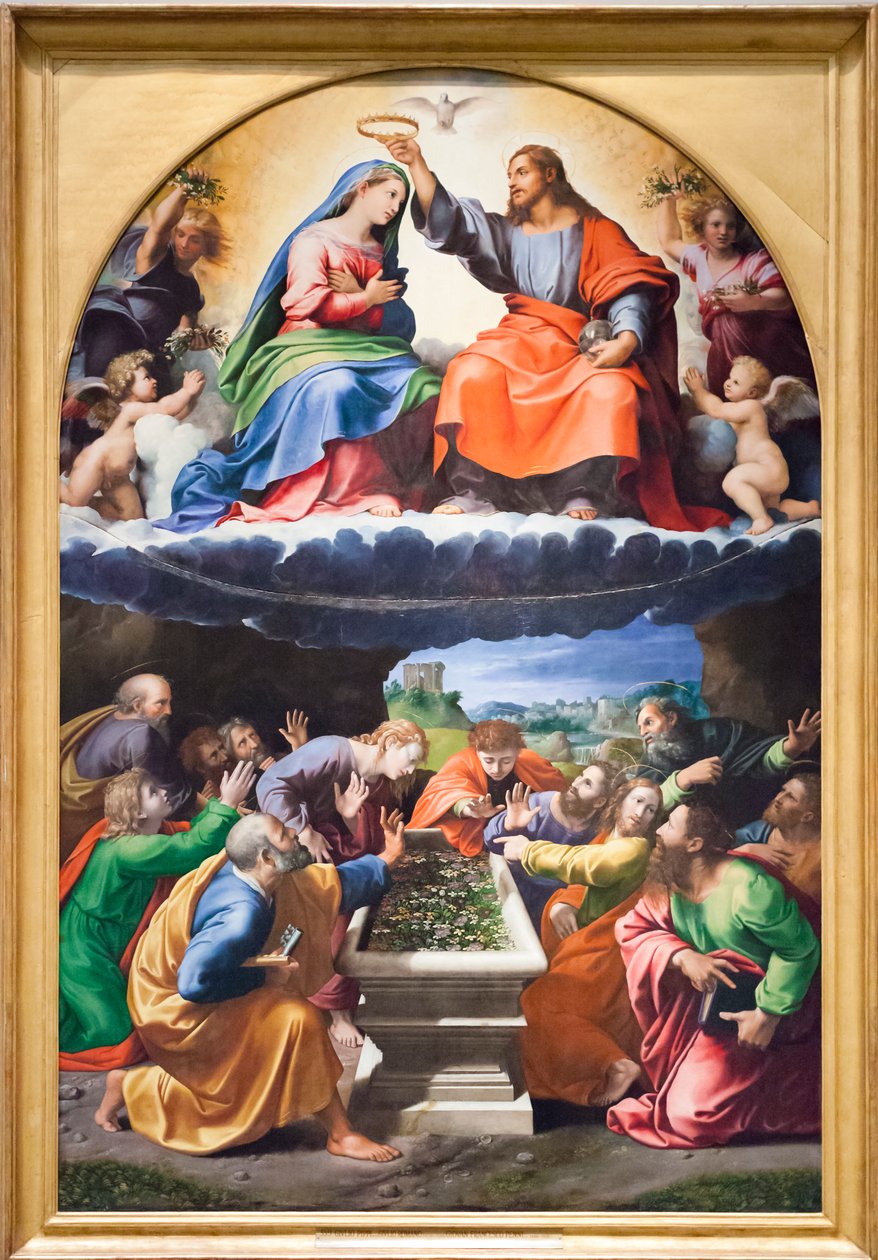 Coronation of the Virgin, eller Madonna of Monteluce, ca. 1525 (olie på træ) af Giulio & Penni Giovanni Francesco (il Fattore) (c.1488 1528) Romano