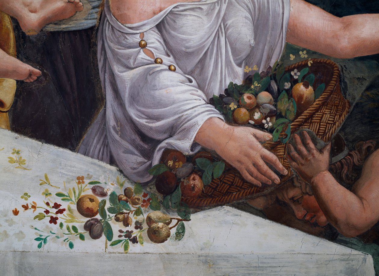 En kurv med frugt og blomster, detalje af den rustikke banket, der fejrer Amor og Psyches bryllup fra Sala di Amore e Psiche, 1528 freskodetalje af 78427 af Giulio Romano