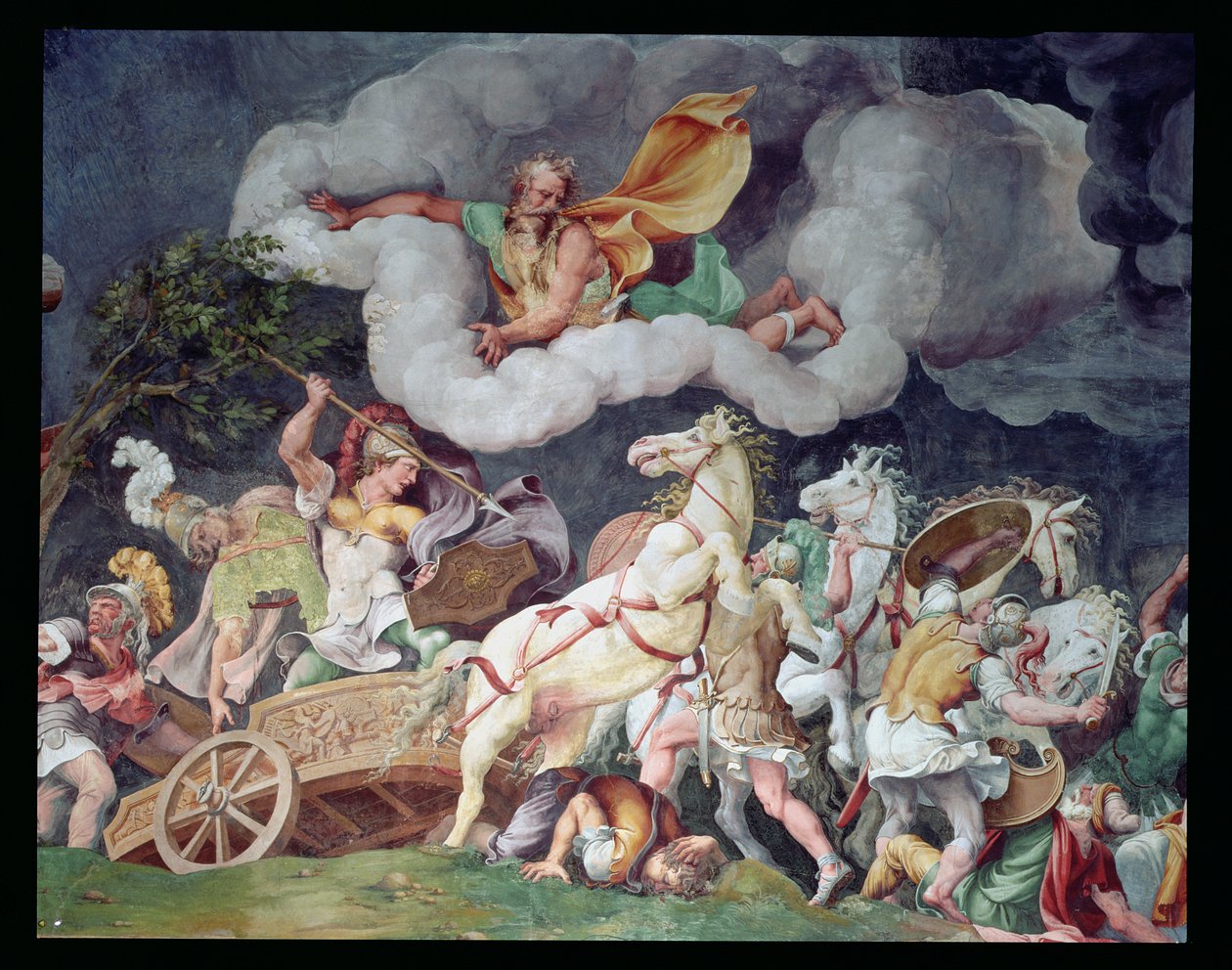 Achilleus trækker liget af Hector rundt på sin vogn, detalje fra loftet i Sala di Troia, ca. 1538 af Giulio Romano