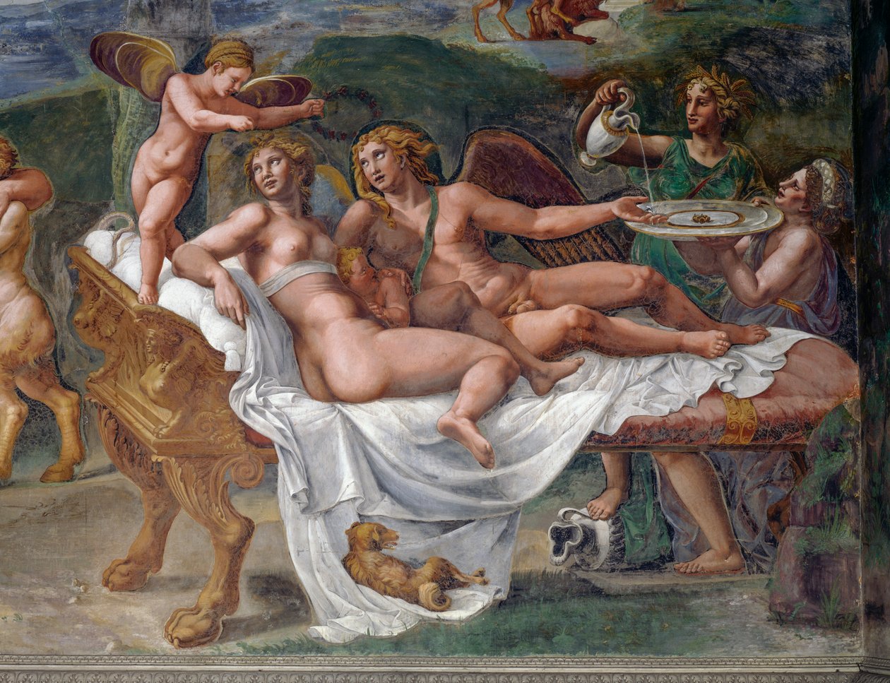 Amor og Psyche med deres datter Voluptas (fornøjelse) liggende på sengen, detalje fra bryllupsfest eller gudernes banket, fresko af Giulio Romano (1499-1546), Palazzo Te, Mantua (UNESCOs verdensarvsliste, 2008), Lombardiet, Italien af Giulio Romano