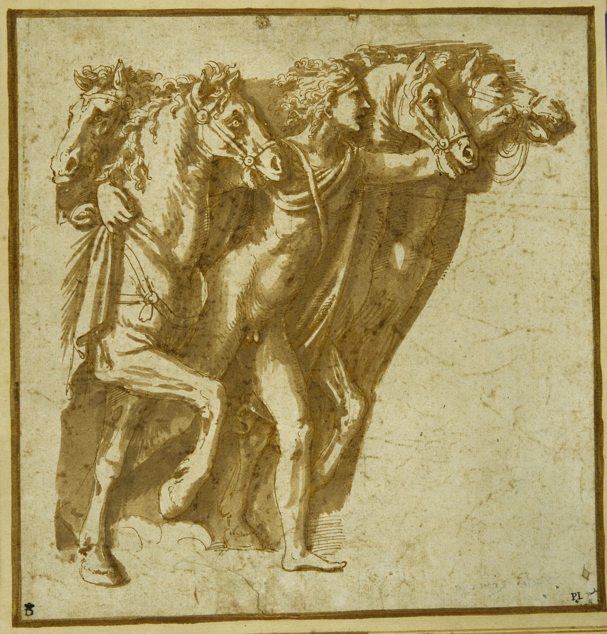Dawn: Apollo with the Horses of the Sun (pen & brunt blæk med vask på papir) af Giulio Romano