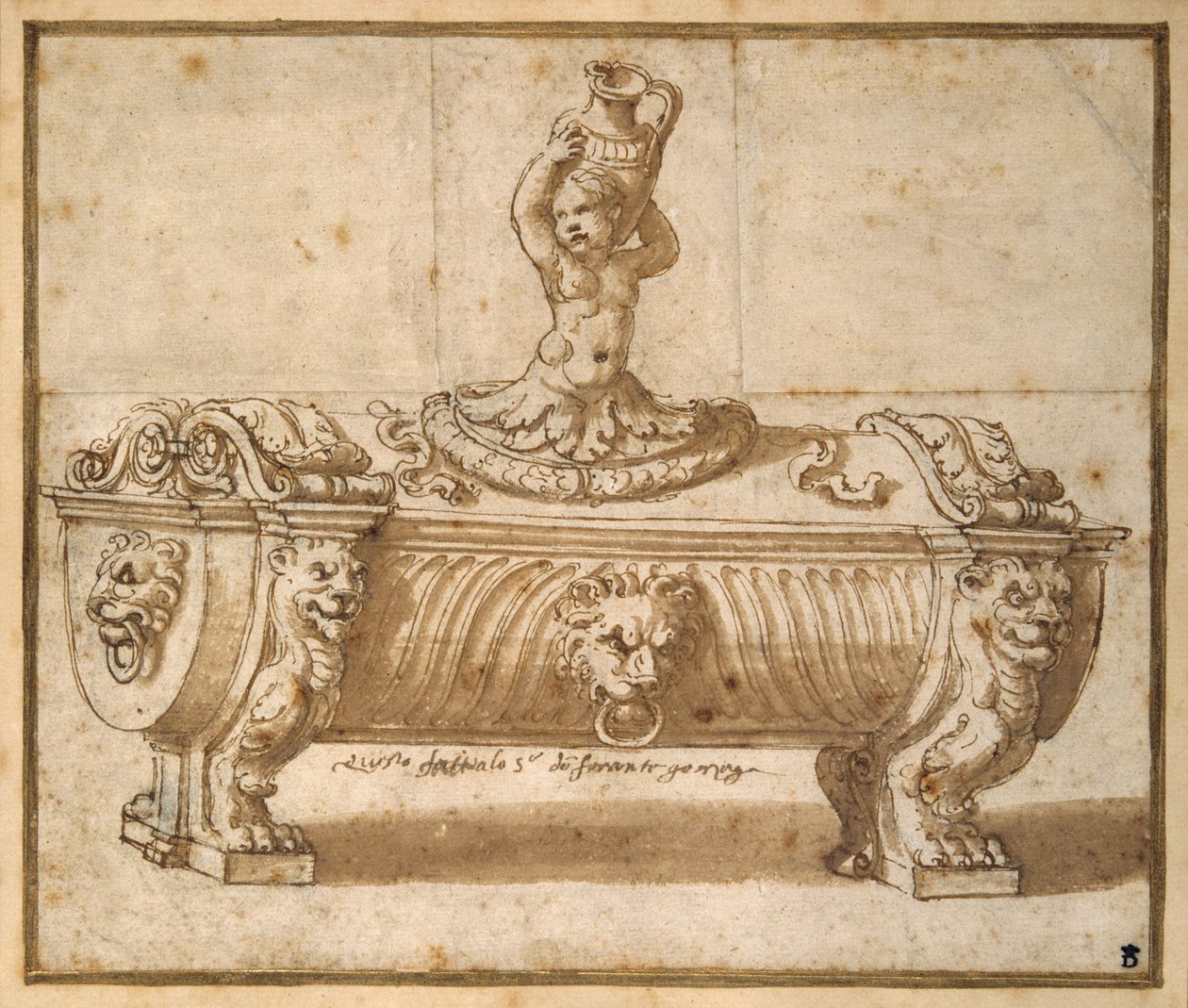 Design til en slikæske (pen og brun blæk med vask på papir) af Giulio Romano