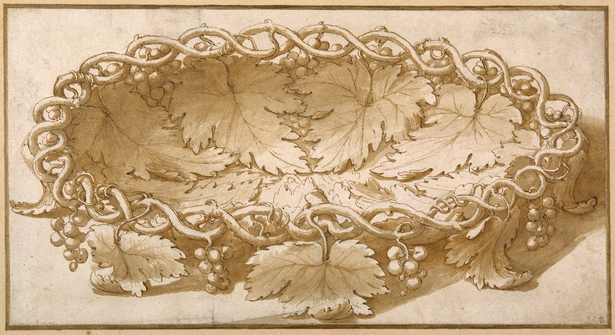 Design til en oval frugtskål med vinranker, blade og vindruer (pen og brun blæk med brun vask på papir) af Giulio Romano
