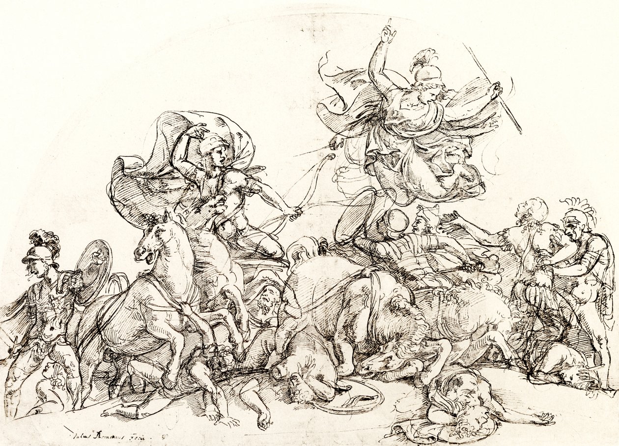 Diomedes, såret af Pandarus, trøstes af Pallas Athene af Giulio Romano