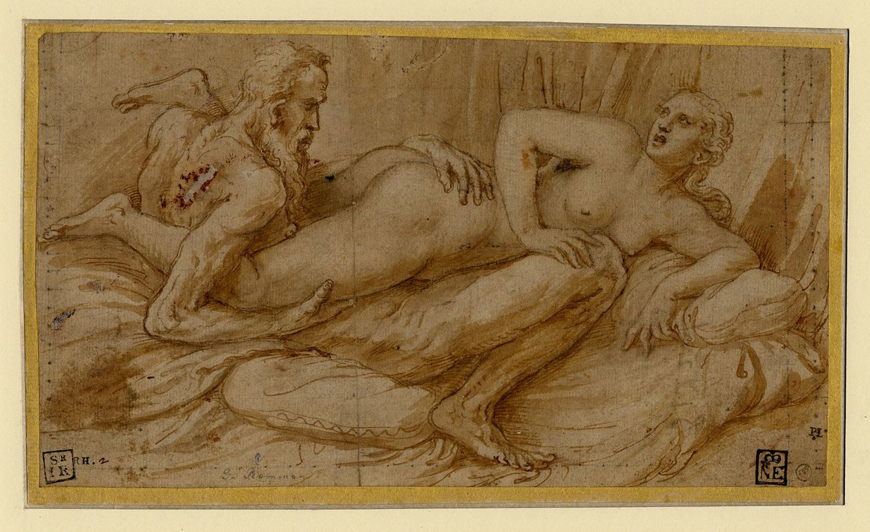 Erotisk scene af Romano, Giulio (1499-1546), efter 1524 - Pen, pensel, brunt indisk blæk, hvid farve, sort kridt på papir af Giulio Romano
