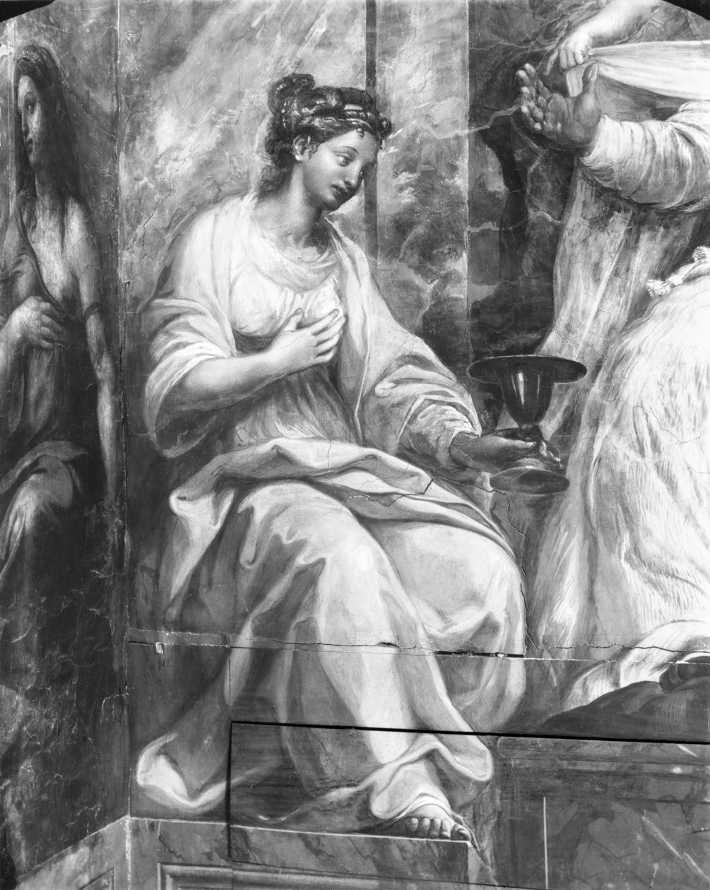Faith, der omgiver en af to allegoriske figurer omkring pave Sylvester I (314-35) Raphael Rooms (detalje) (se også 252792 og 252794) af Giulio Romano
