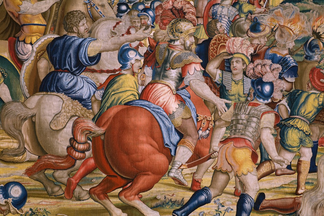flamsk gobelin. Serien The Acts of Scipio: Slaget ved Zama. Tegneren Giulio Romano. Atelier af Balthasar van Vlierden (?), Bruxelles. 1523-1532. Detalje. af Giulio Romano