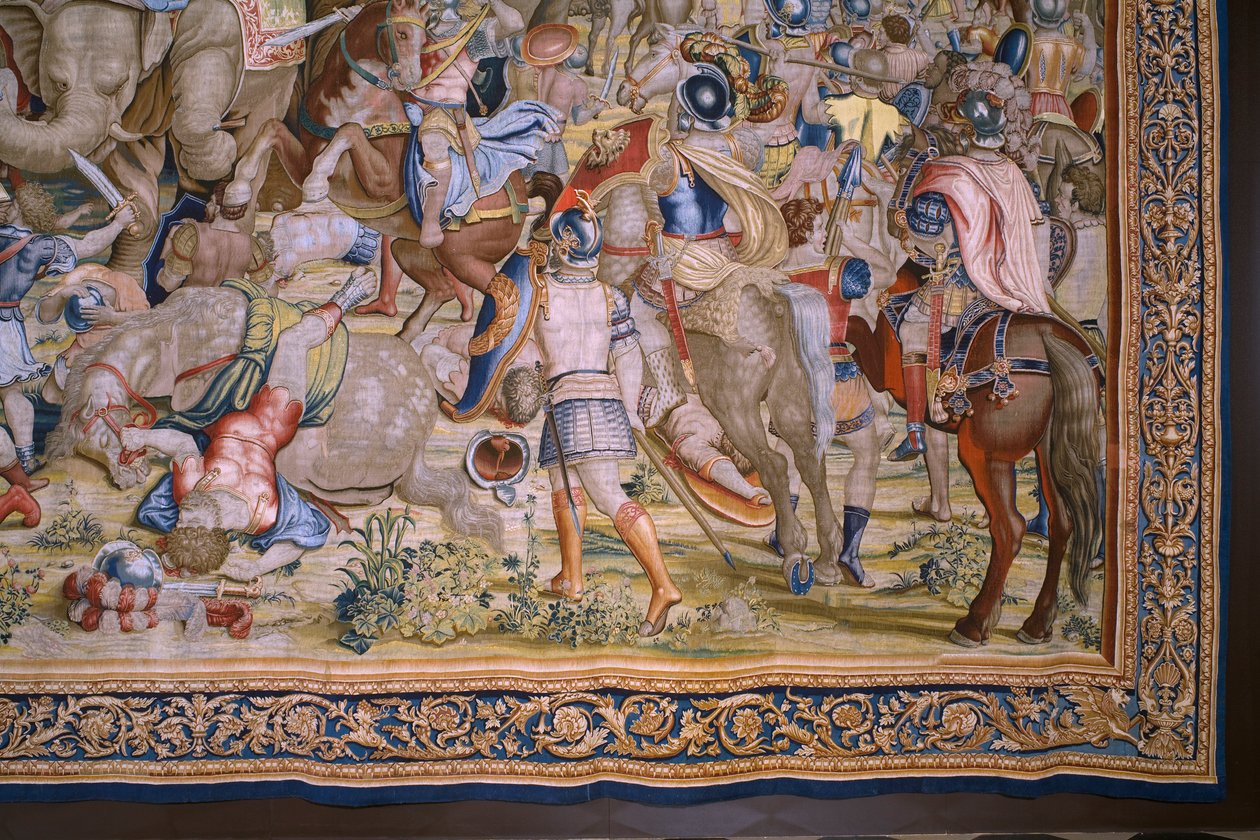 flamsk gobelin. Serien The Acts of Scipio: Slaget ved Zama. Tegneren Giulio Romano. Atelier af Balthasar van Vlierden (?), Bruxelles. 1523-1532. Detalje. af Giulio Romano