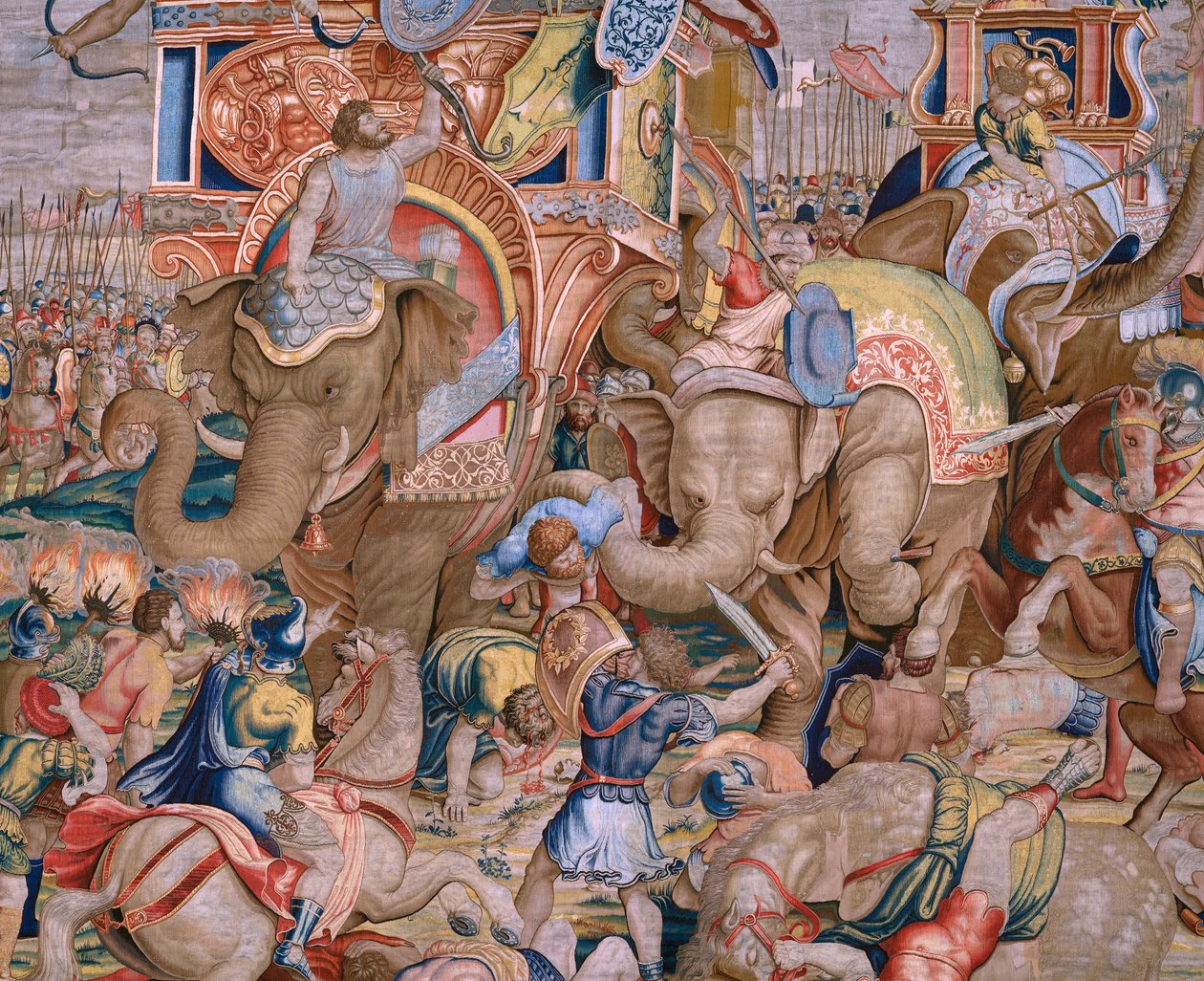 flamsk gobelin. Serien The Acts of Scipio. Slaget ved Zama. Tegneren Giulio Romano. Atelier af Balthasar van Vlierden (?), Bruxelles. 1523-1532. Detalje. af Giulio Romano