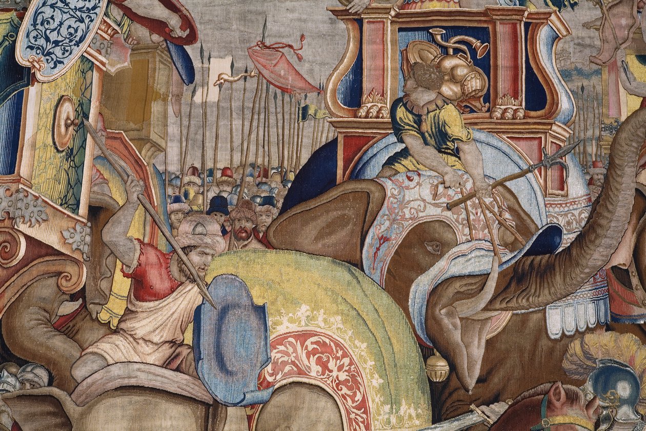flamsk gobelin. Serien The Acts of Scipio. Slaget ved Zama. Tegneren Giulio Romano. Atelier af Balthasar van Vlierden (?), Bruxelles. 1523-1532. Detalje. af Giulio Romano