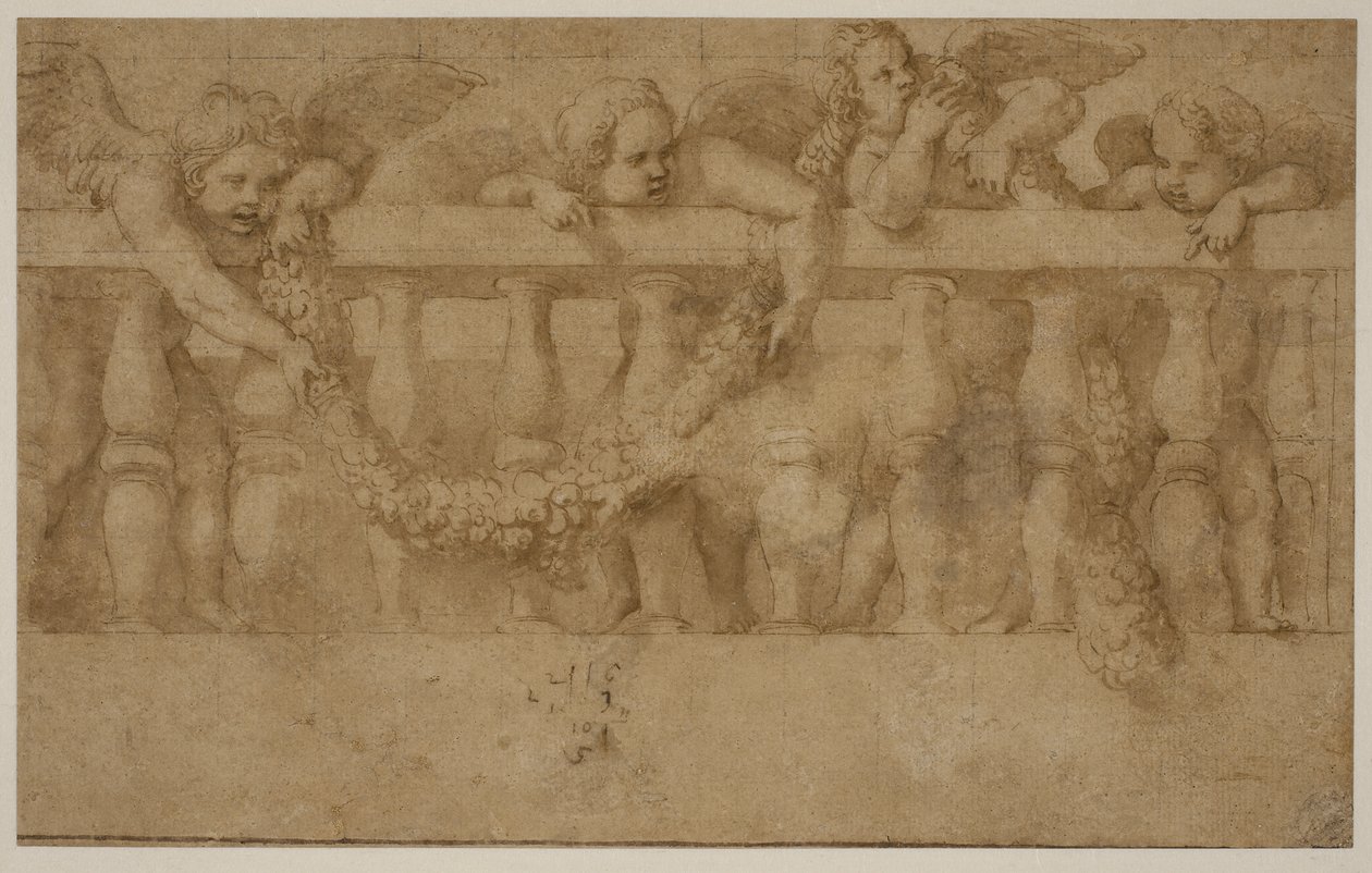 Fire vingede putti dekorerer en balustrade med guirlander af Giulio Romano