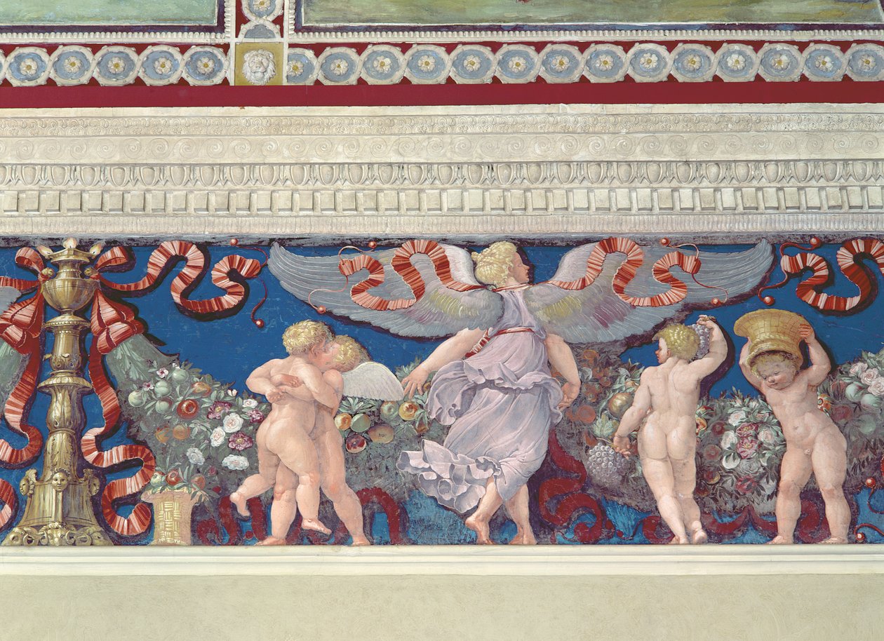 Frise fra Camera con Fregio di Amorini Amor-kammer Frise-detalje af brydning af amoriner, fresko fra 1520
