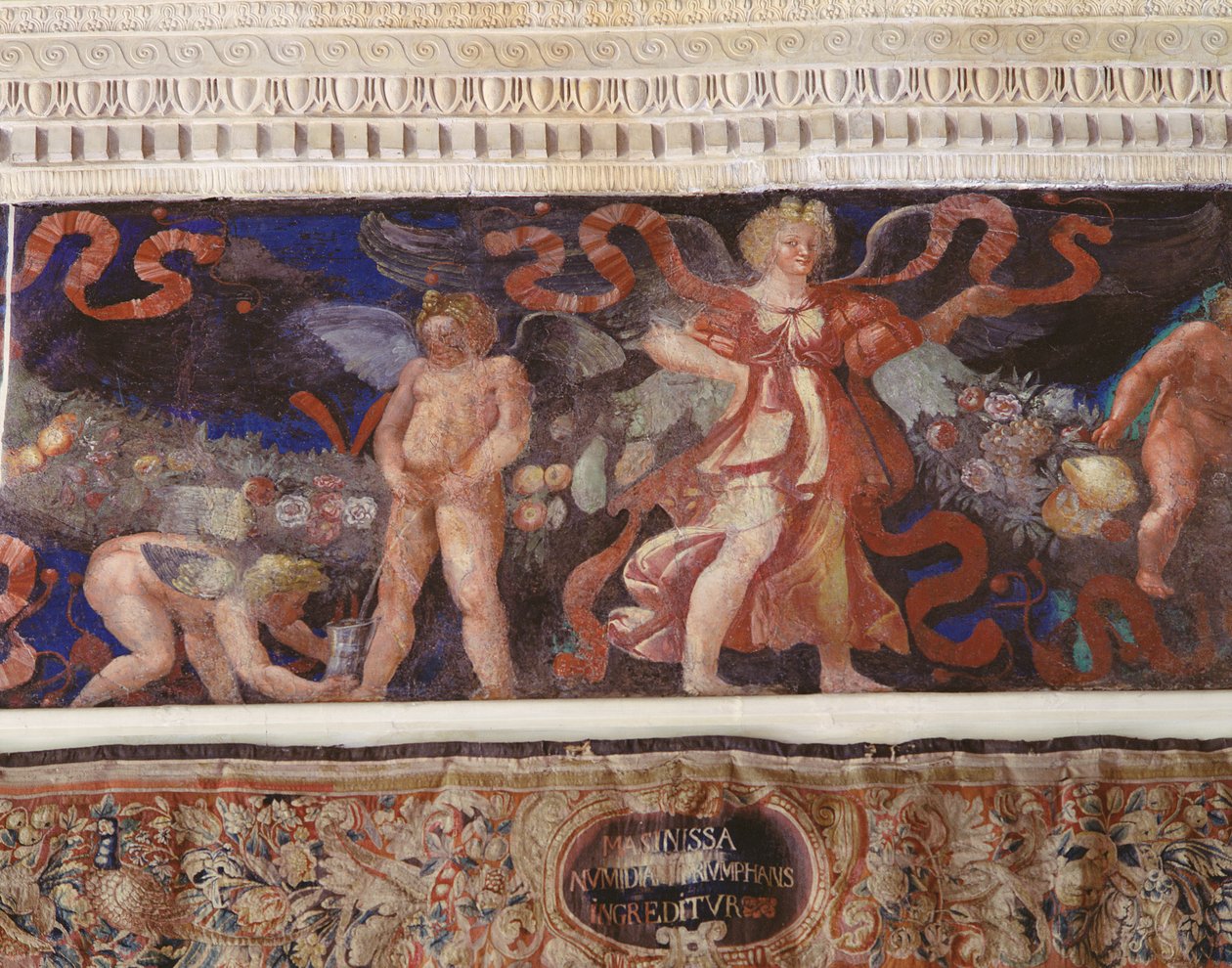 Frise fra Camera con Fregio di Amorini Chamber of the Amor Frise detalje af en amor, der tisser i en kande, fresko fra 1520