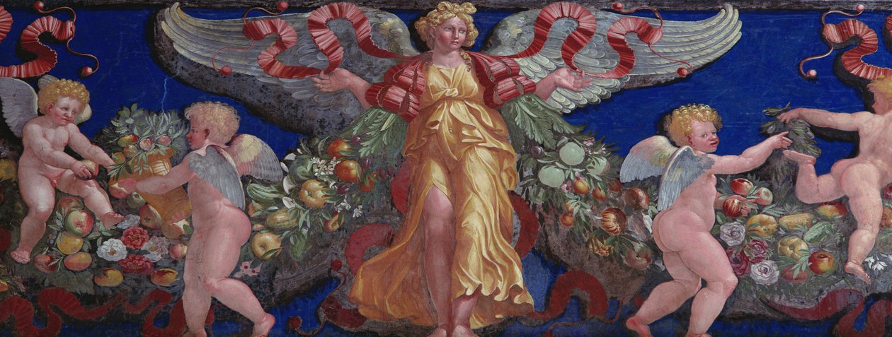 Frise fra Camera con Fregio di Amorini Amor-kammer Frise-detalje af en engel i en gylden kjole med spredte vinger, fresko fra 1520